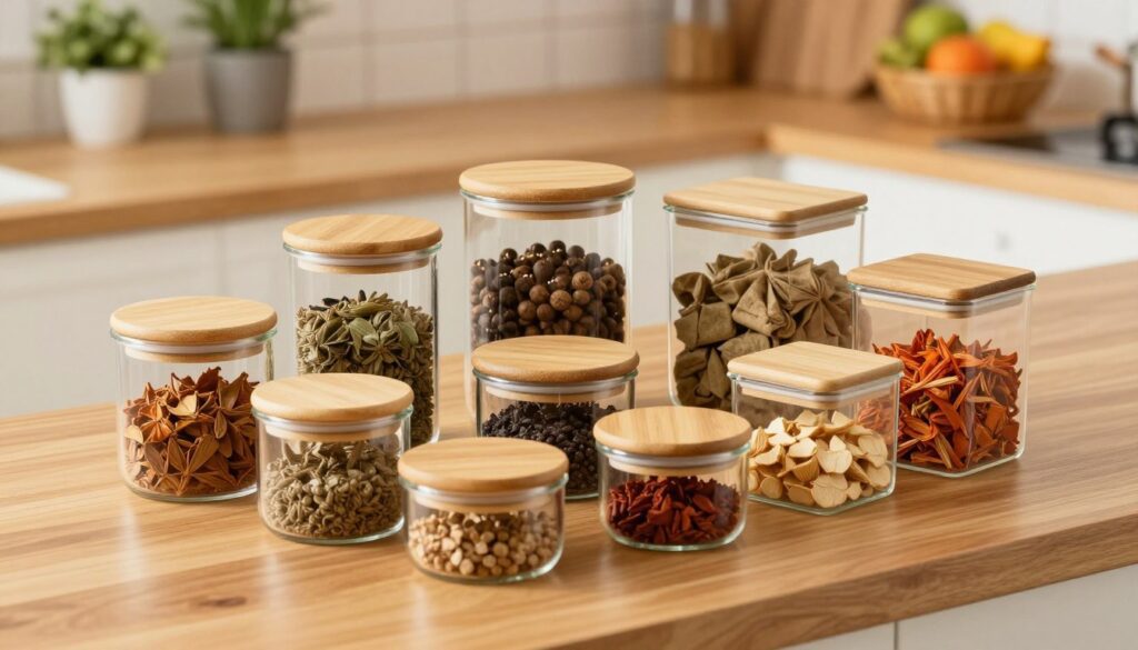 Potes herméticos pequenos de vidro em diferentes formatos e tamanhos armazenando temperos, castanhas e pequenos alimentos.