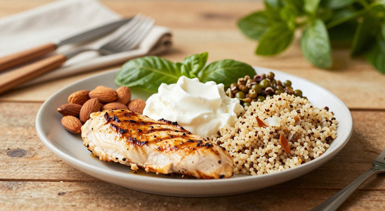 Prato com alimentos fontes de proteína, incluindo frango grelhado, quinoa, iogurte e amêndoas.