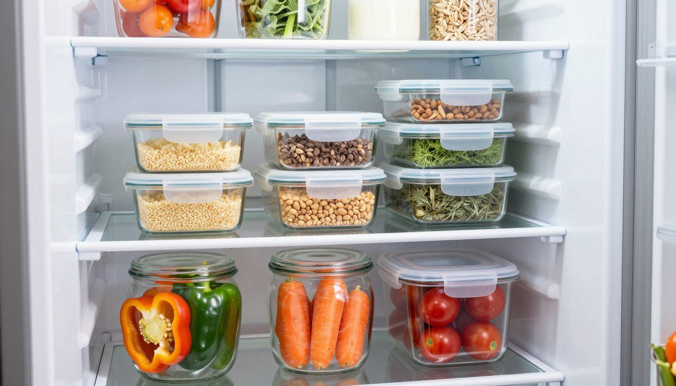 Quais alimentos exigem mais cuidado em potes herméticos na geladeira? Potes herméticos transparentes com vegetais e diferentes alimentos organizados nas prateleiras de uma geladeira.
