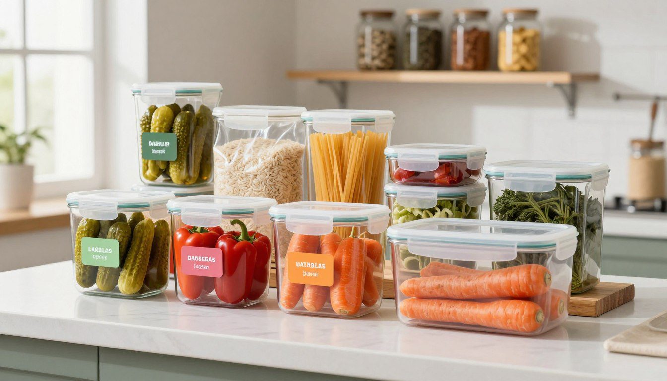 Potes herméticos com vegetais, conservas, arroz, massas, ervas e outros alimentos organizados sobre uma bancada de cozinha.