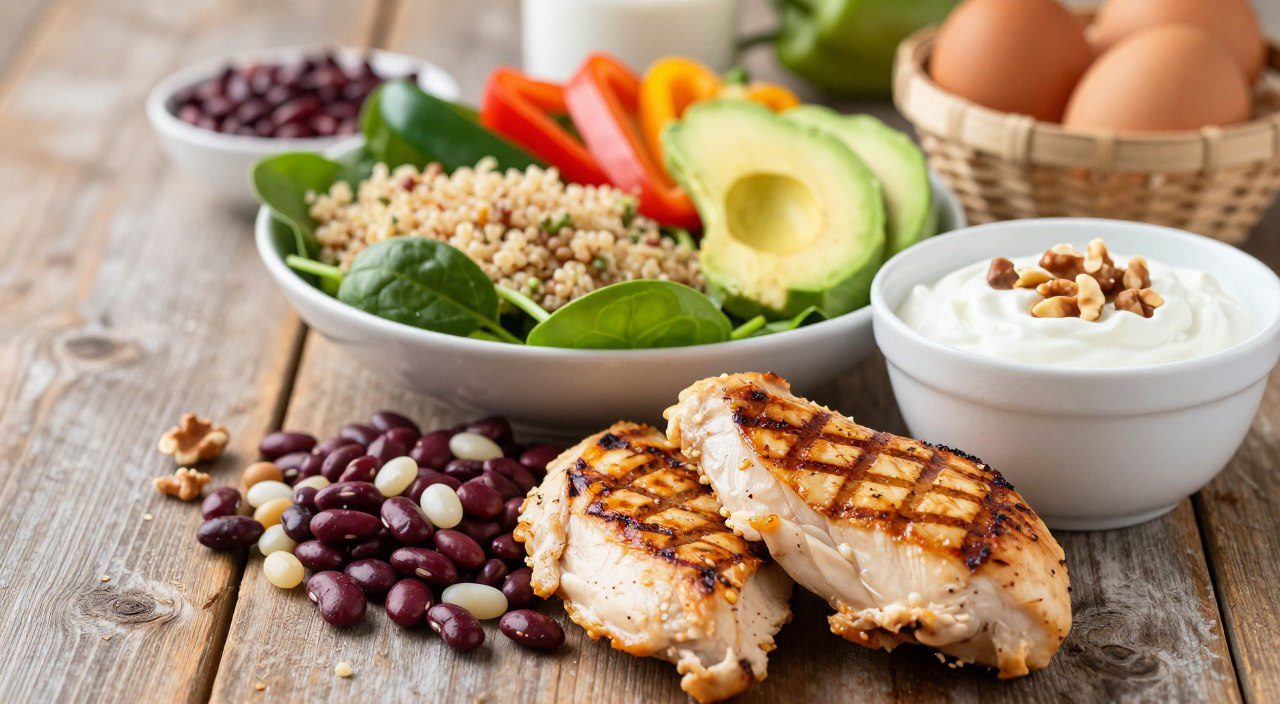 Mesa com alimentos ricos em proteína, incluindo frango, ovos, feijão, quinoa, iogurte, castanhas e vegetais.