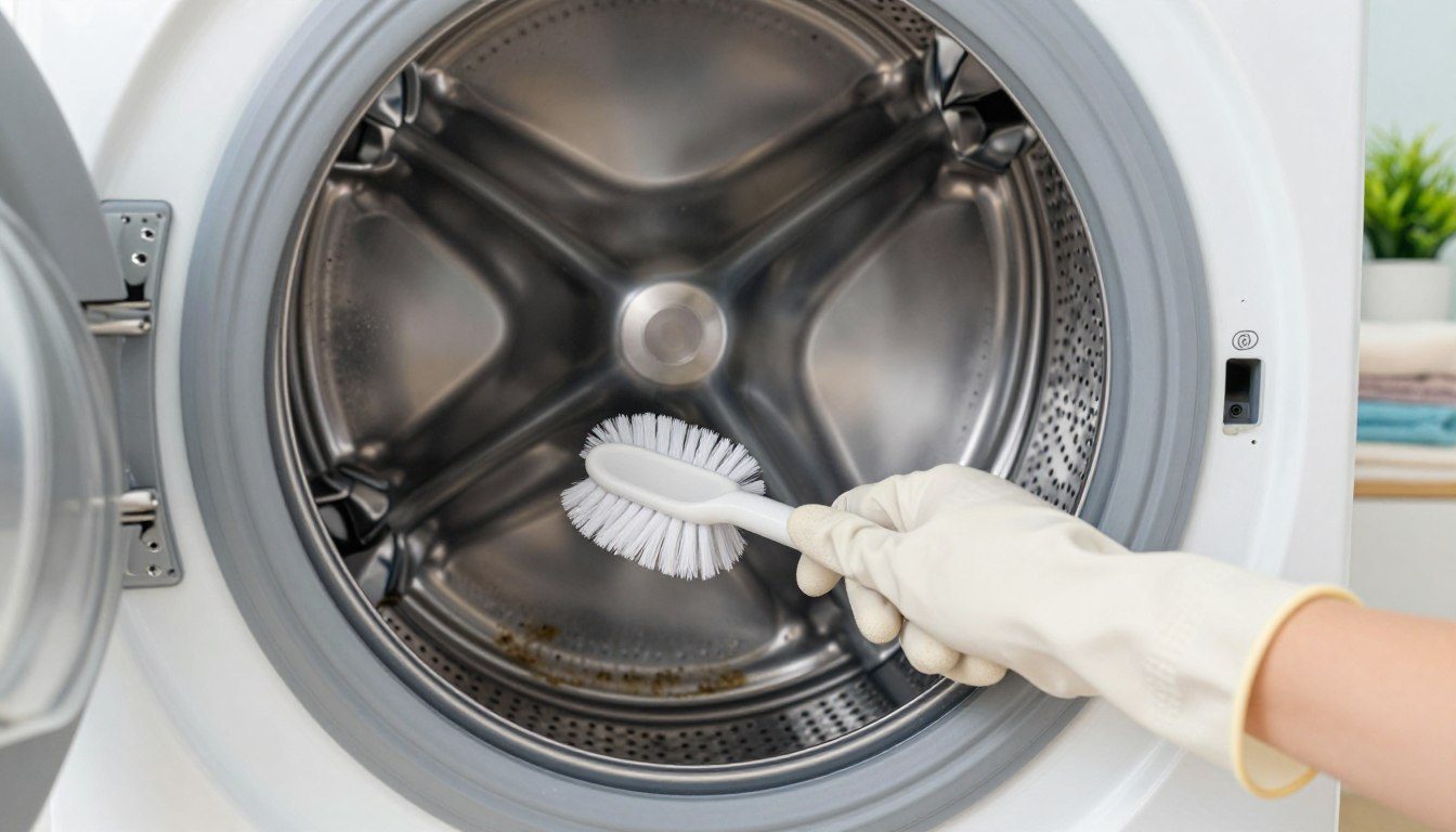 Interior da máquina de lavar sendo limpo com escova e luvas para remover resíduos e sinais de mofo.