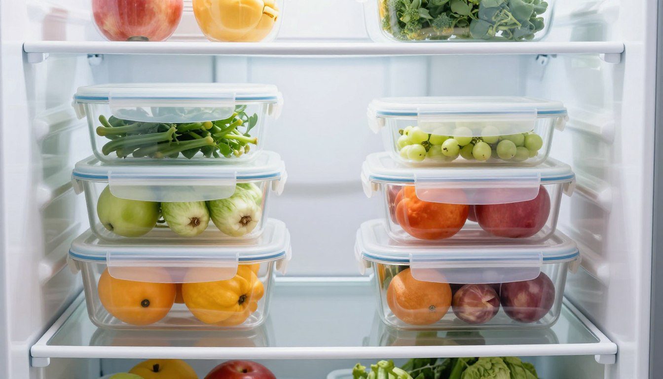 Potes herméticos retangulares e transparentes com frutas, vegetais e alimentos preparados organizados nas prateleiras da geladeira.