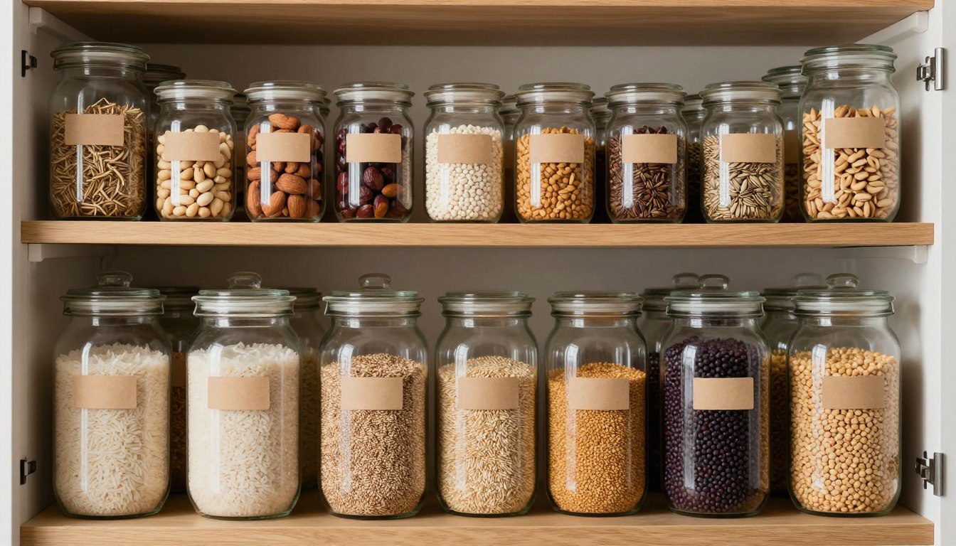Potes de vidro de diferentes tamanhos com arroz, quinoa, lentilhas, castanhas, sementes e temperos organizados na despensa.