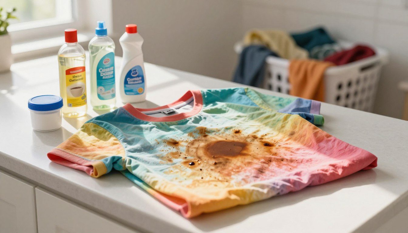 Roupa colorida com mancha de café ao lado de diferentes produtos utilizados na limpeza de tecidos.