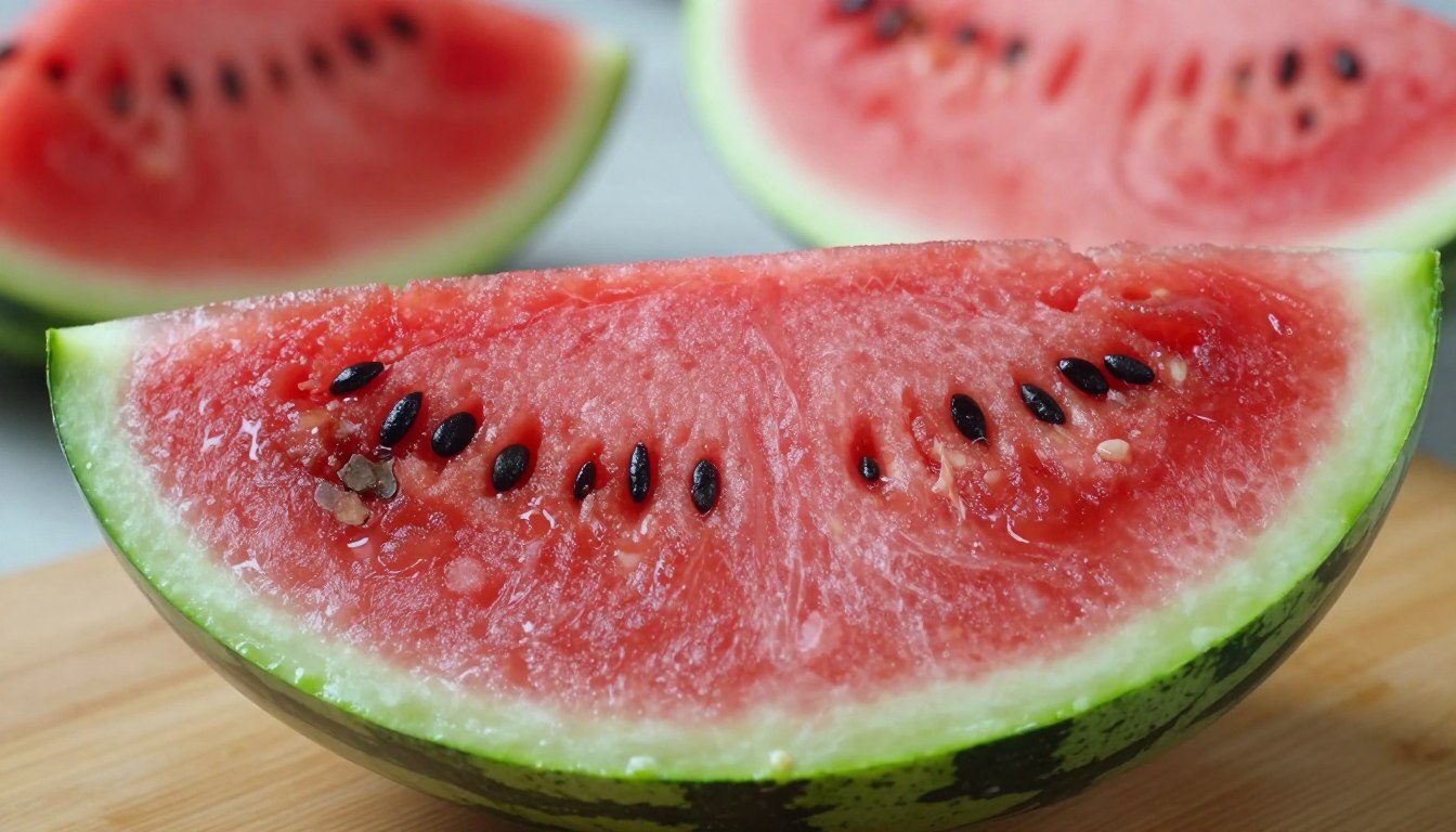 Quais sinais mostram que a melancia cortada pode ter estragado? Melancia cortada com manchas escuras, alteração de cor e textura amolecida sobre uma tábua de madeira.