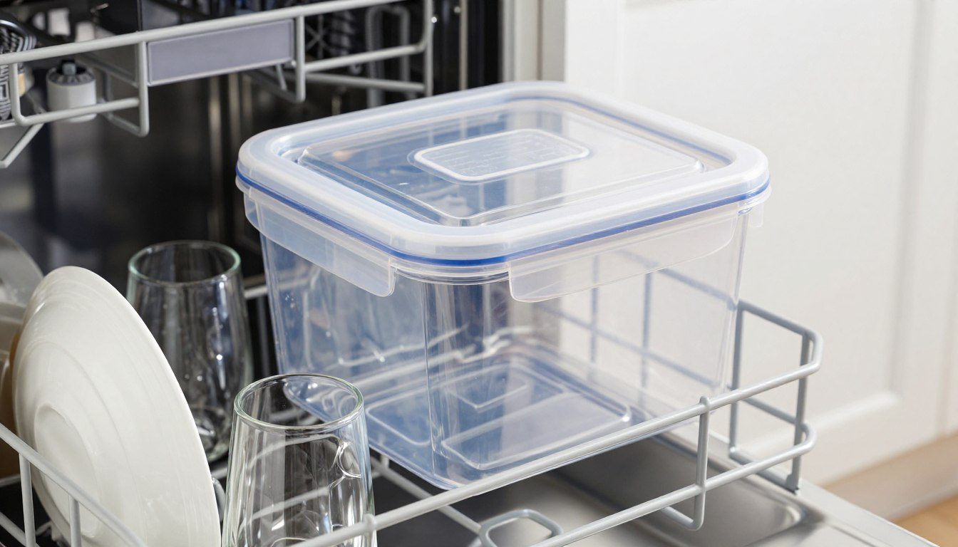 Pote hermético transparente acomodado no cesto superior de uma lava-louças junto a outros utensílios de cozinha.