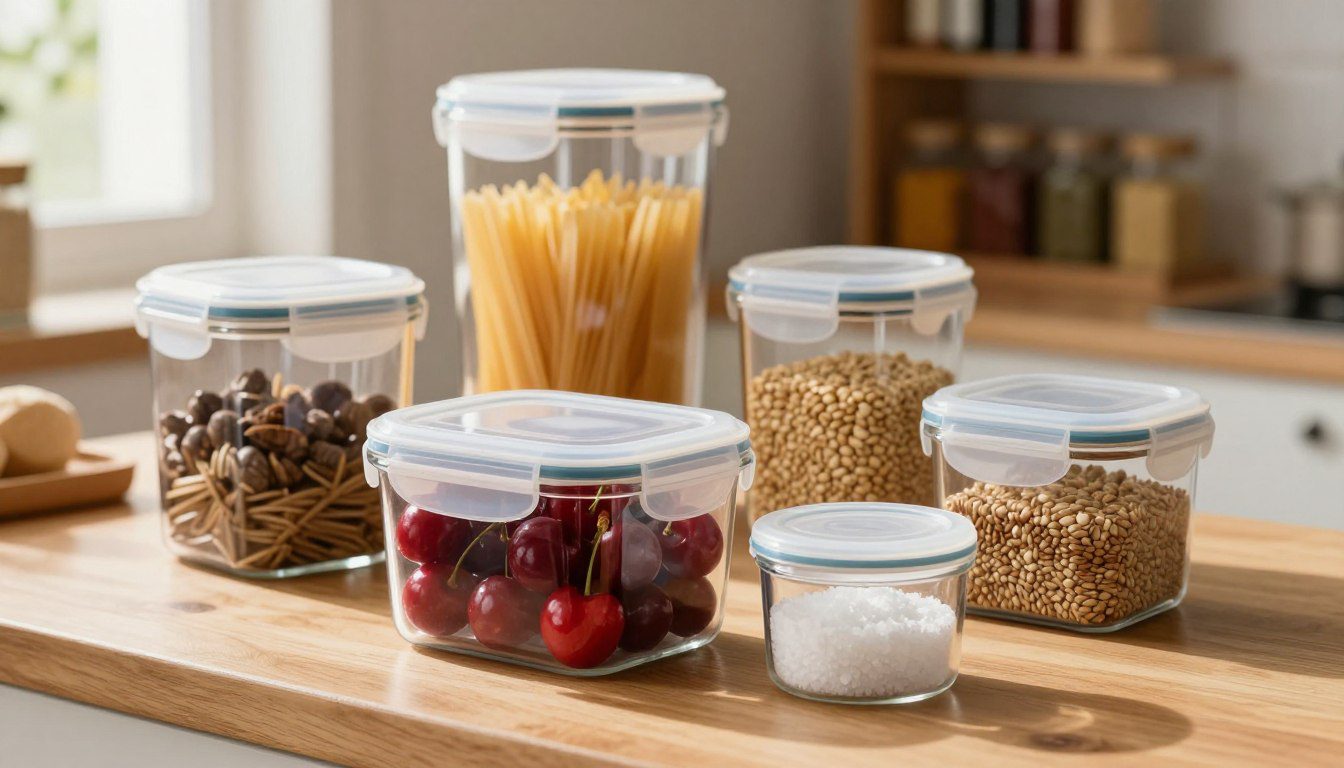 Potes herméticos de diferentes tamanhos e formatos armazenando frutas, sal, massas e grãos sobre uma bancada de cozinha.