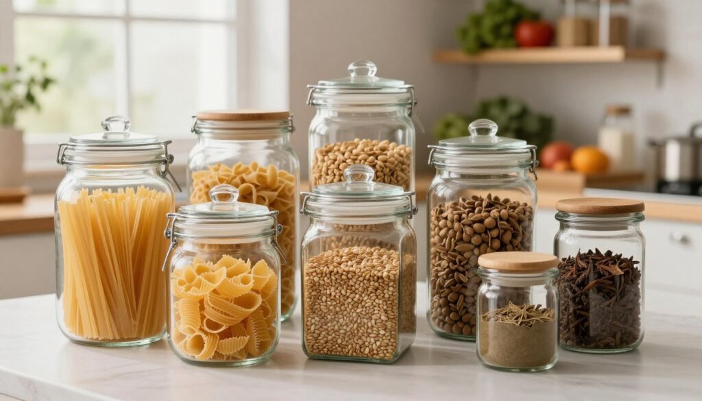 Potes herméticos de diferentes tamanhos armazenando massas, grãos e temperos em uma cozinha organizada.