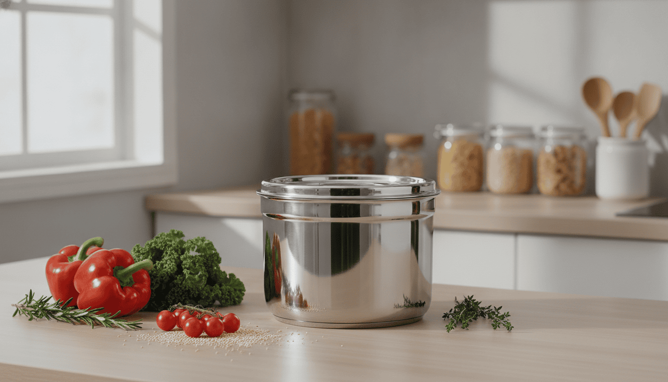 Pote hermético de inox com tampa de vedação sobre uma bancada de cozinha, acompanhado de vegetais, grãos e ervas.