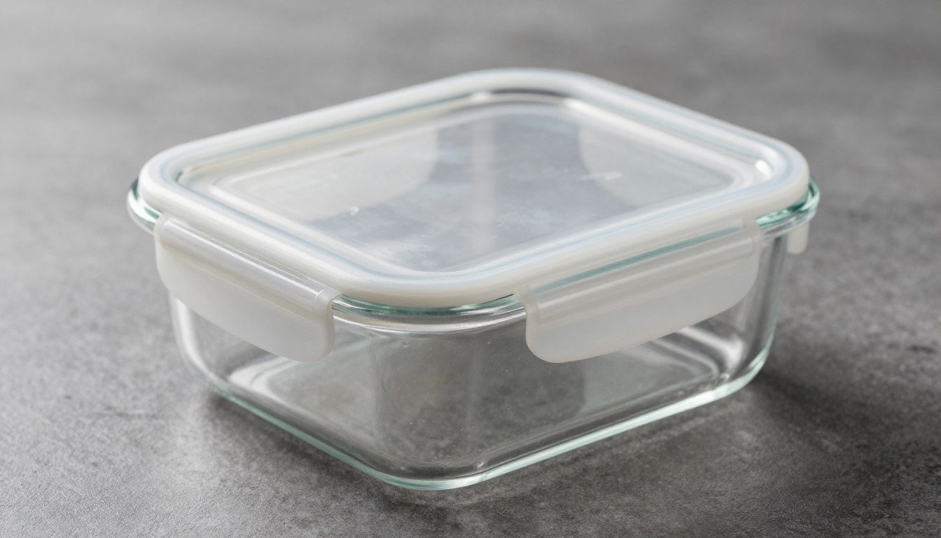 Pote hermético de vidro transparente com tampa de vedação sobre uma bancada de cozinha.