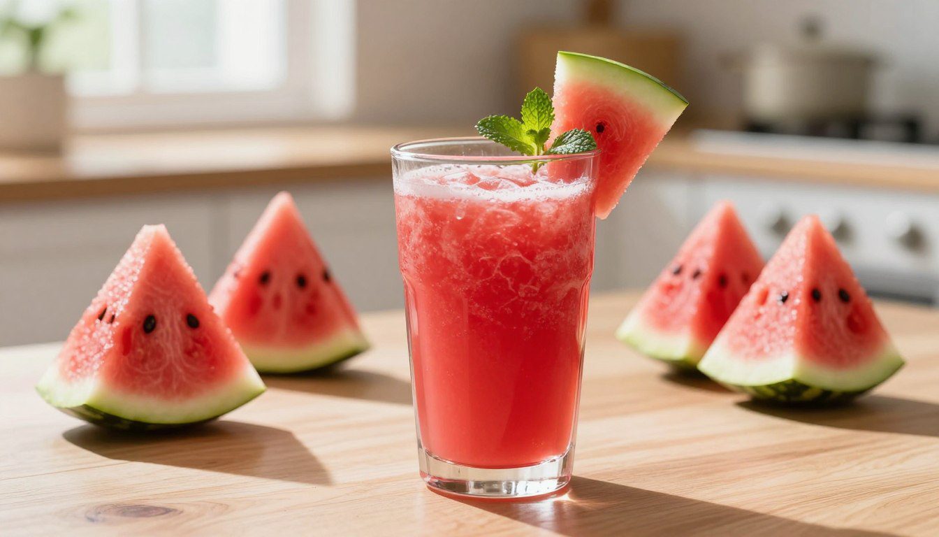 Receita de Suco de Melancia Simples Copo de suco de melancia natural com fatia da fruta e folhas de hortelã sobre uma mesa de madeira.
