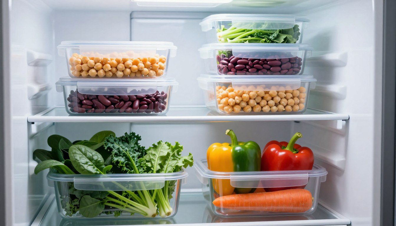 Verduras e legumes podem ficar em potes herméticos? Potes herméticos transparentes com verduras e legumes frescos organizados nas prateleiras de uma geladeira.