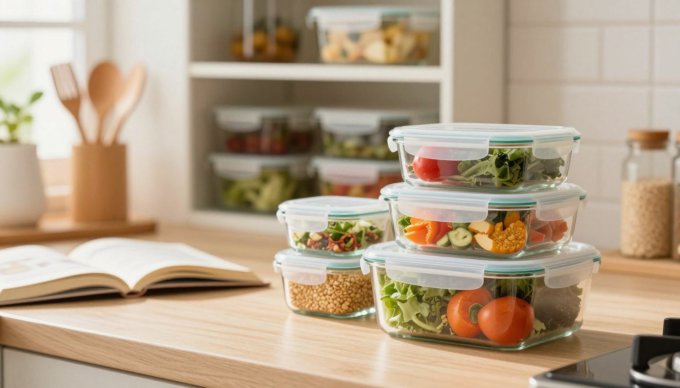 Potes herméticos de vidro e plástico armazenando vegetais, grãos e outros alimentos em uma cozinha organizada.