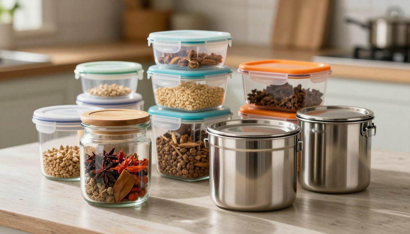 Potes herméticos de vidro, plástico e inox em diferentes tamanhos armazenando temperos, grãos e outros alimentos.
