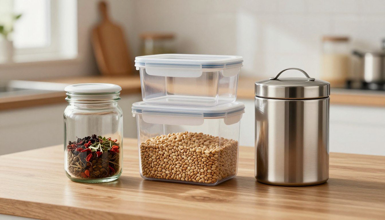 Potes herméticos de vidro, plástico e inox lado a lado sobre uma bancada de cozinha para comparação dos materiais.