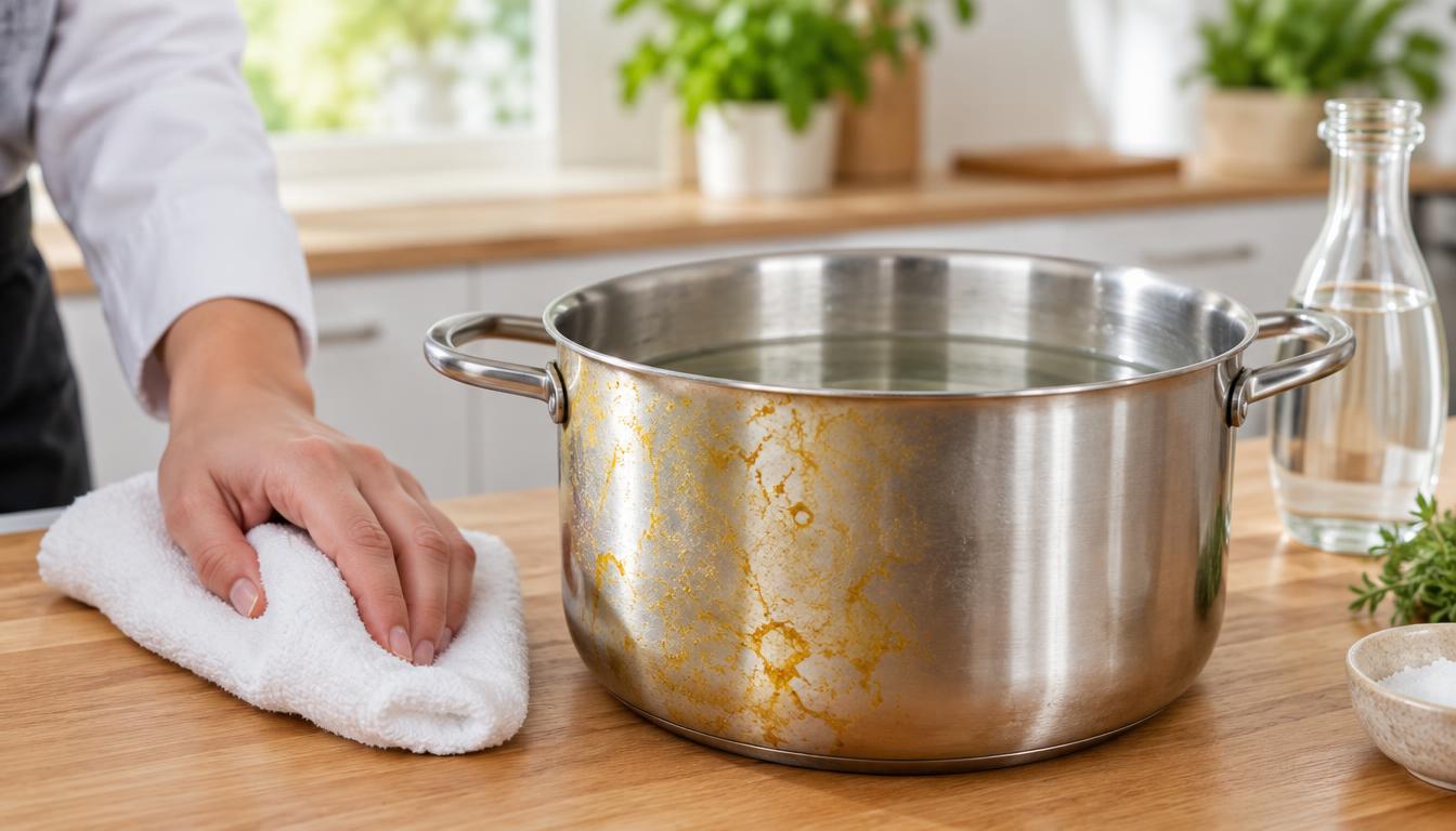 Panela de inox com manchas amareladas e vinagre durante a limpeza sobre uma bancada de cozinha.