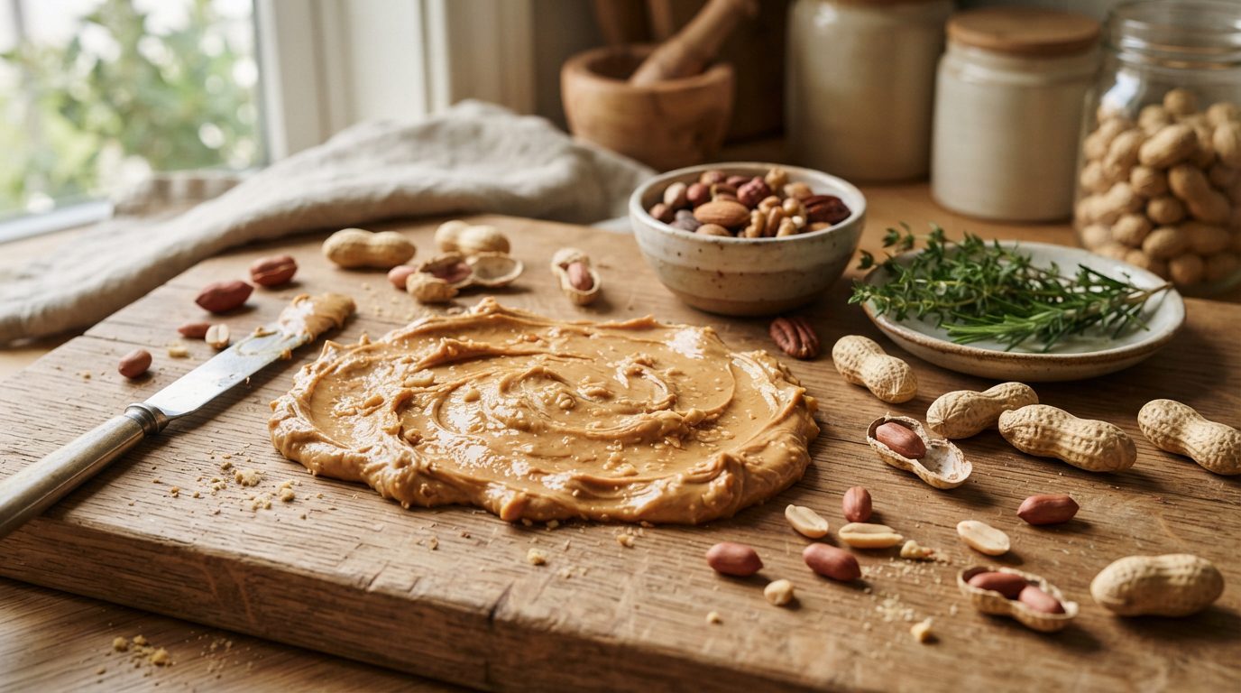 Pasta de amendoim acompanhada de amendoins inteiros e castanhas sobre uma mesa de madeira.