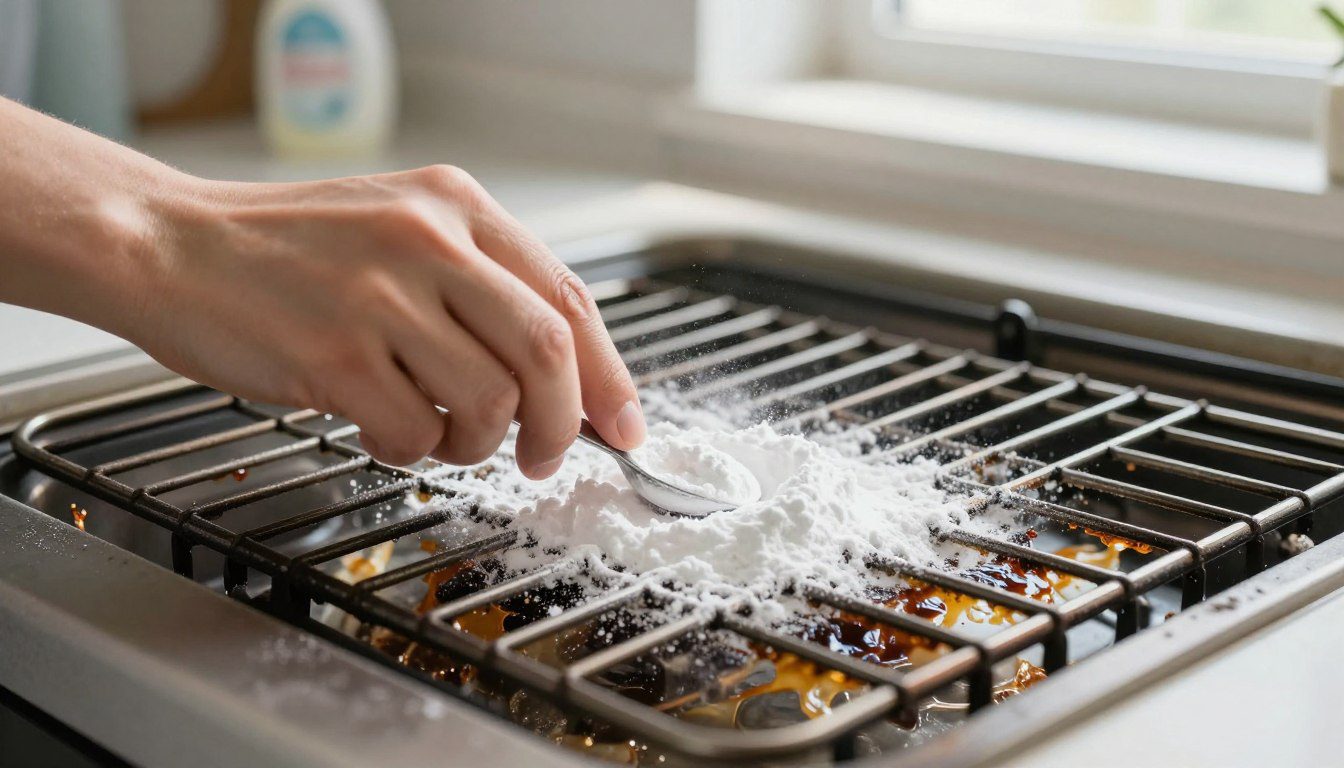 Grade de forno com gordura acumulada recebendo bicarbonato de sódio durante o processo de limpeza.