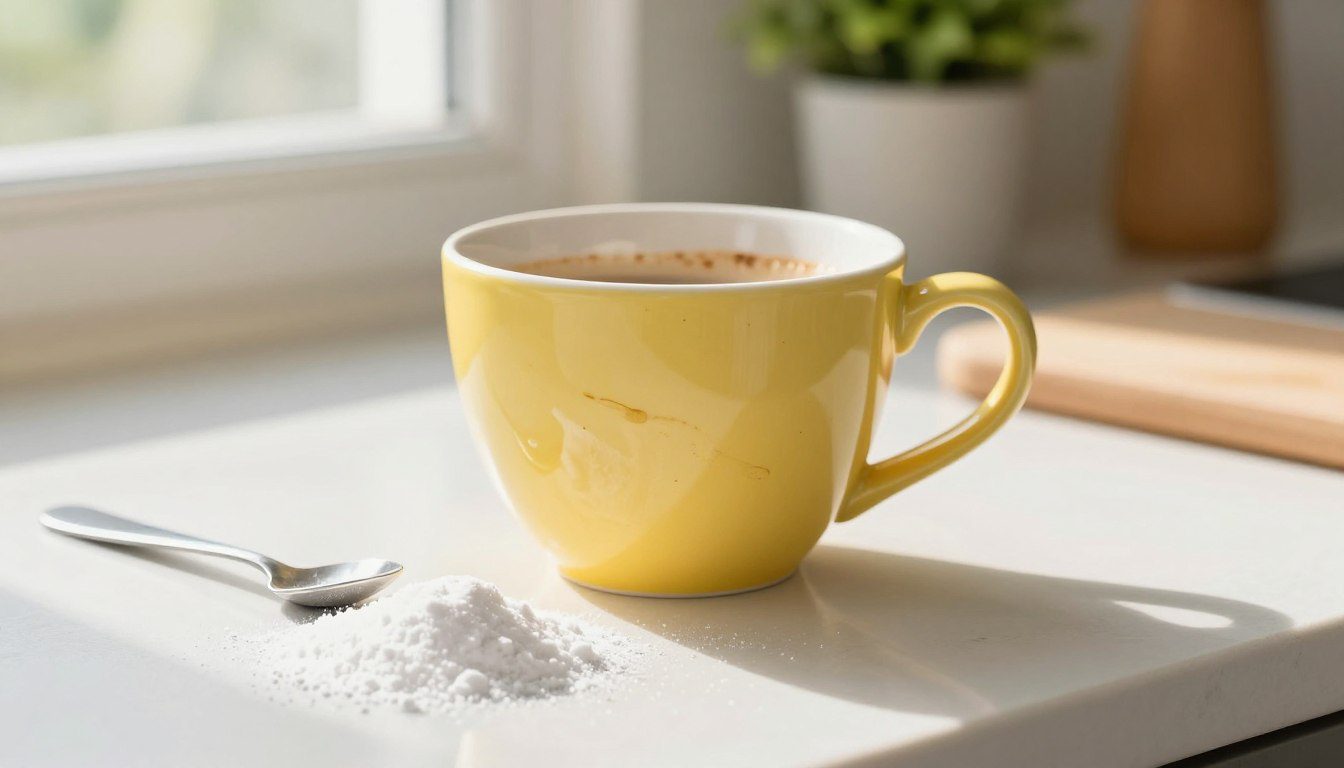Xícara de café com manchas amareladas ao lado de bicarbonato de sódio e uma colher sobre a bancada.