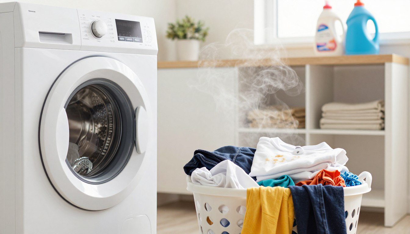 Máquina de lavar limpa ao lado de roupas claras, escuras e coloridas organizadas em um cesto de lavanderia.