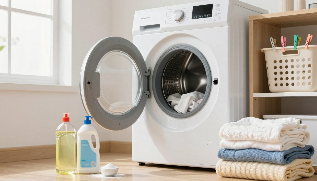 Máquina de lavar limpa e aberta em lavanderia organizada com roupas e materiais de limpeza ao lado.