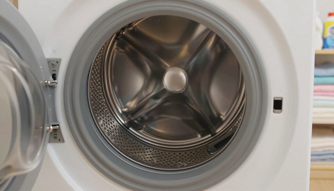Cesto limpo e sem resíduos no interior de uma máquina de lavar aberta em lavanderia organizada.