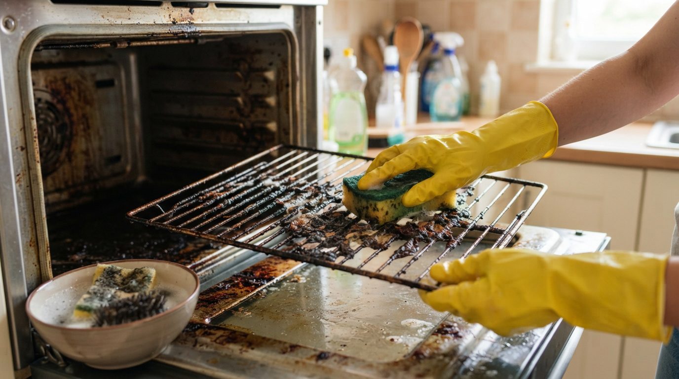 Grades do forno com gordura e resíduos sendo esfregadas com esponja por mãos protegidas com luvas.
