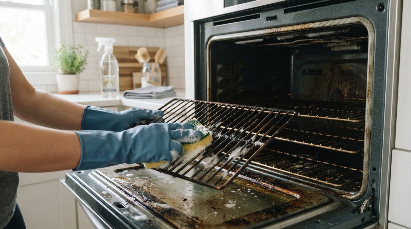 Grade de forno sendo esfregada com esponja para remover gordura acumulada nos cantos e espaços difíceis.