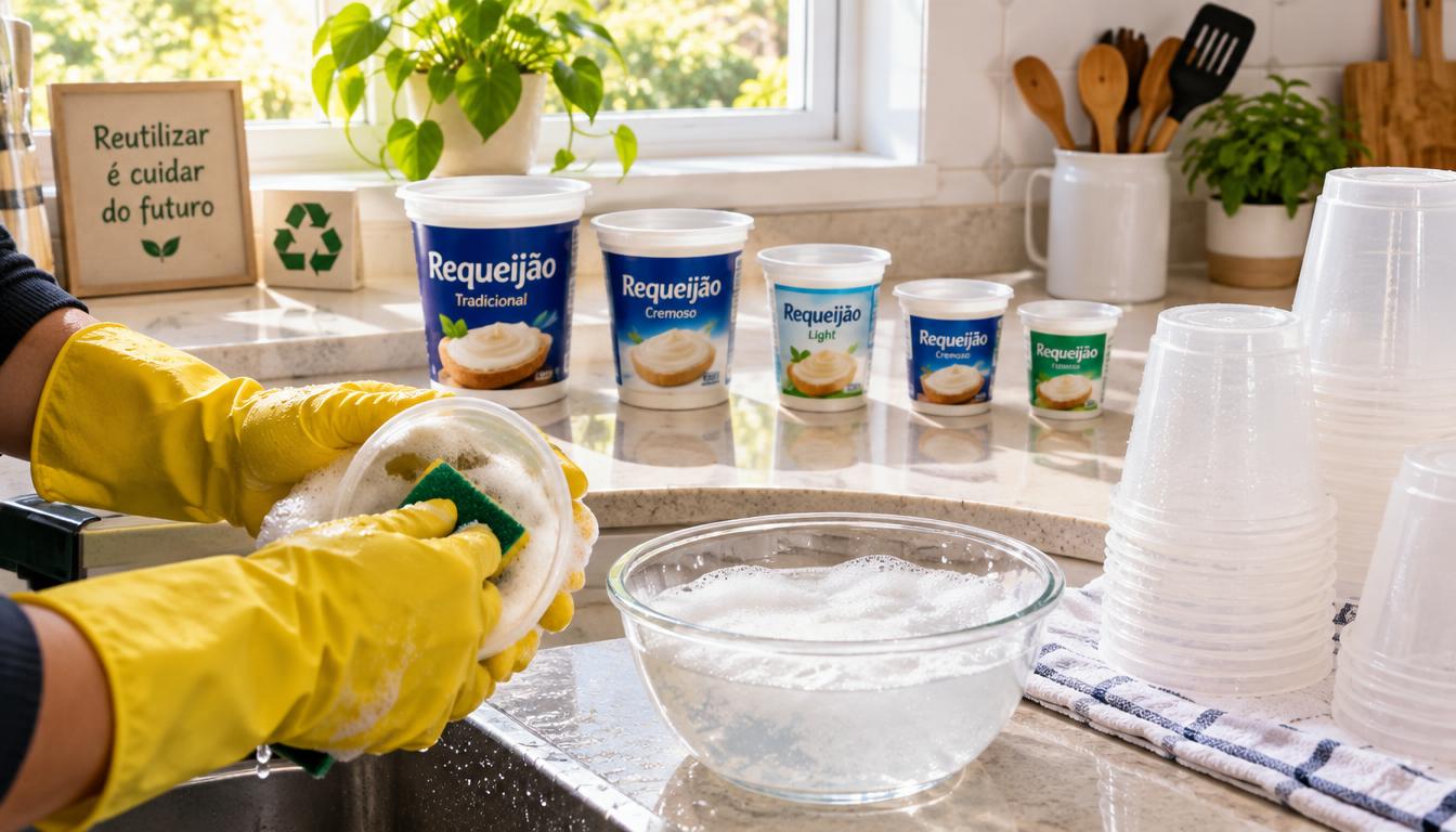 Como preparar os copos de requeijão de plástico para reutilizar Copo de requeijão de plástico sendo lavado com esponja e água com sabão antes da reutilização.