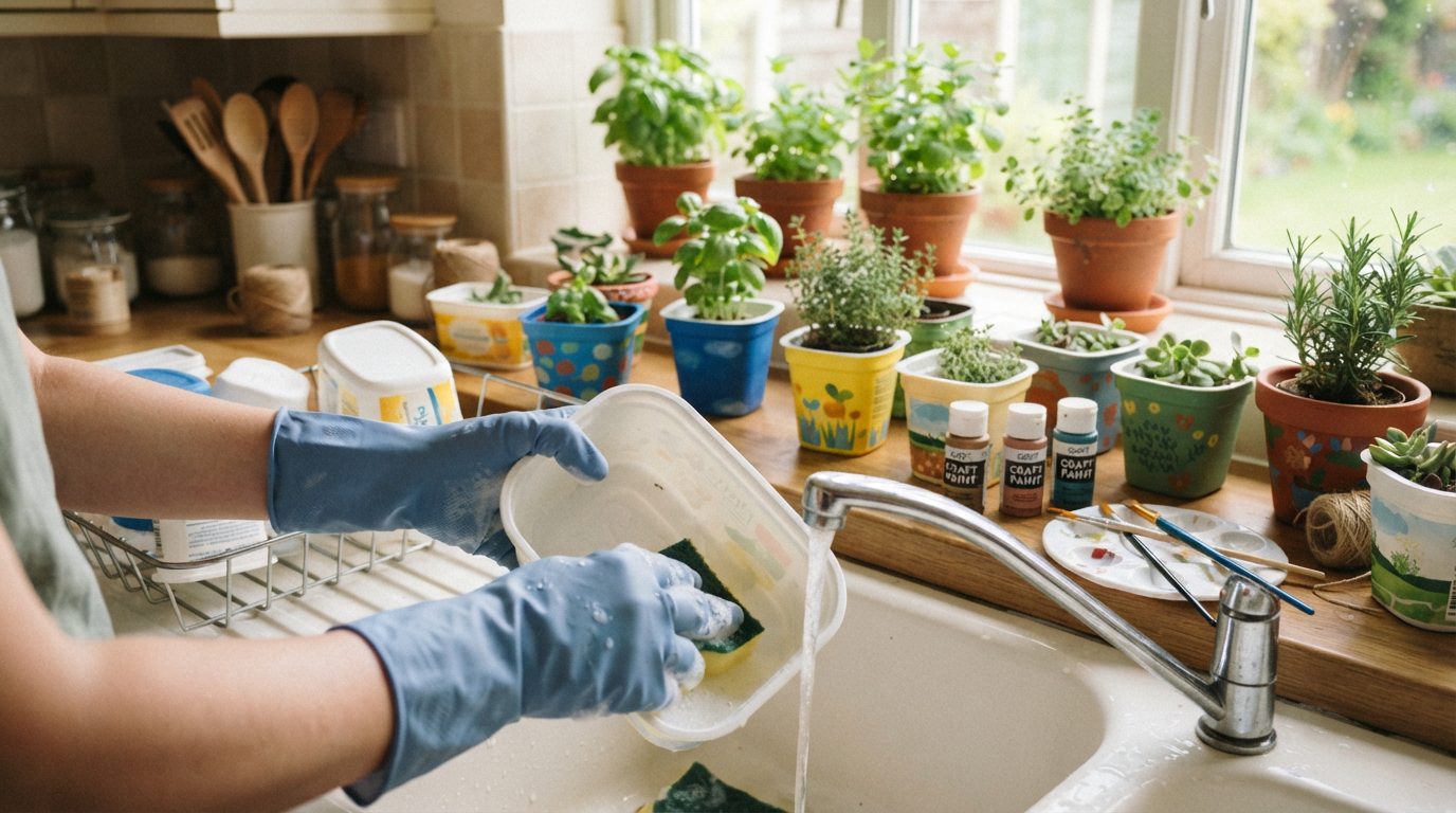 Como preparar os potes de margarina para o reaproveitamento? Pote de margarina sendo lavado com esponja antes do reaproveitamento, com outros recipientes plásticos limpos sobre a mesa.