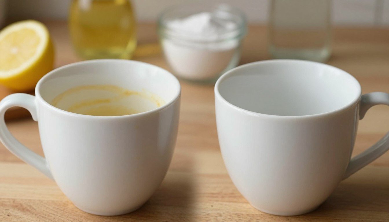 Xícara de café mostrando comparação entre interior amarelado e superfície limpa após a limpeza.