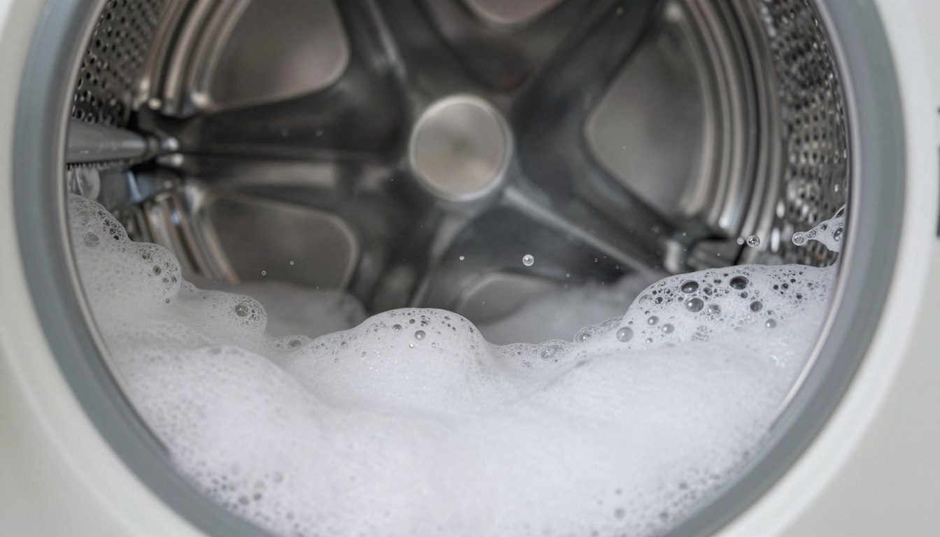 Cesto da máquina de lavar com excesso de espuma e resíduos de sabão acumulados na superfície interna.