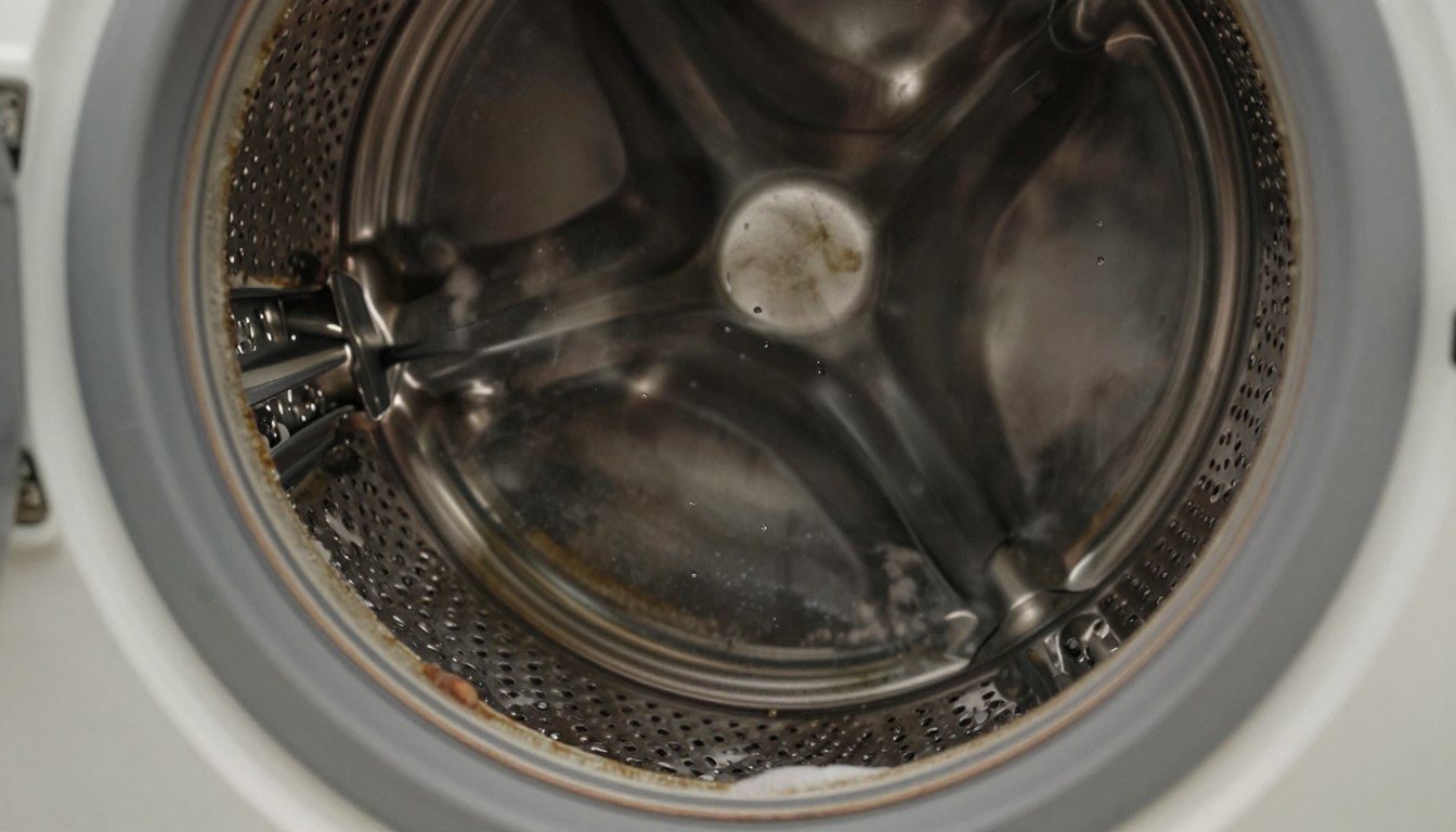 Interior de máquina de lavar com sujeira, resíduos de sabão e acúmulo de resíduos próximos ao tambor e à borracha de vedação.