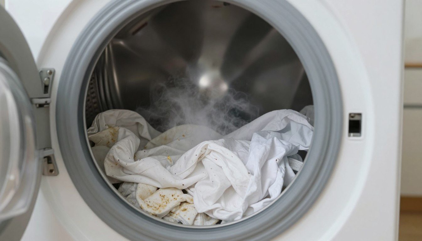 Máquina de lavar com roupas úmidas, resíduos e sinais de mofo acumulados no interior e na borracha de vedação.