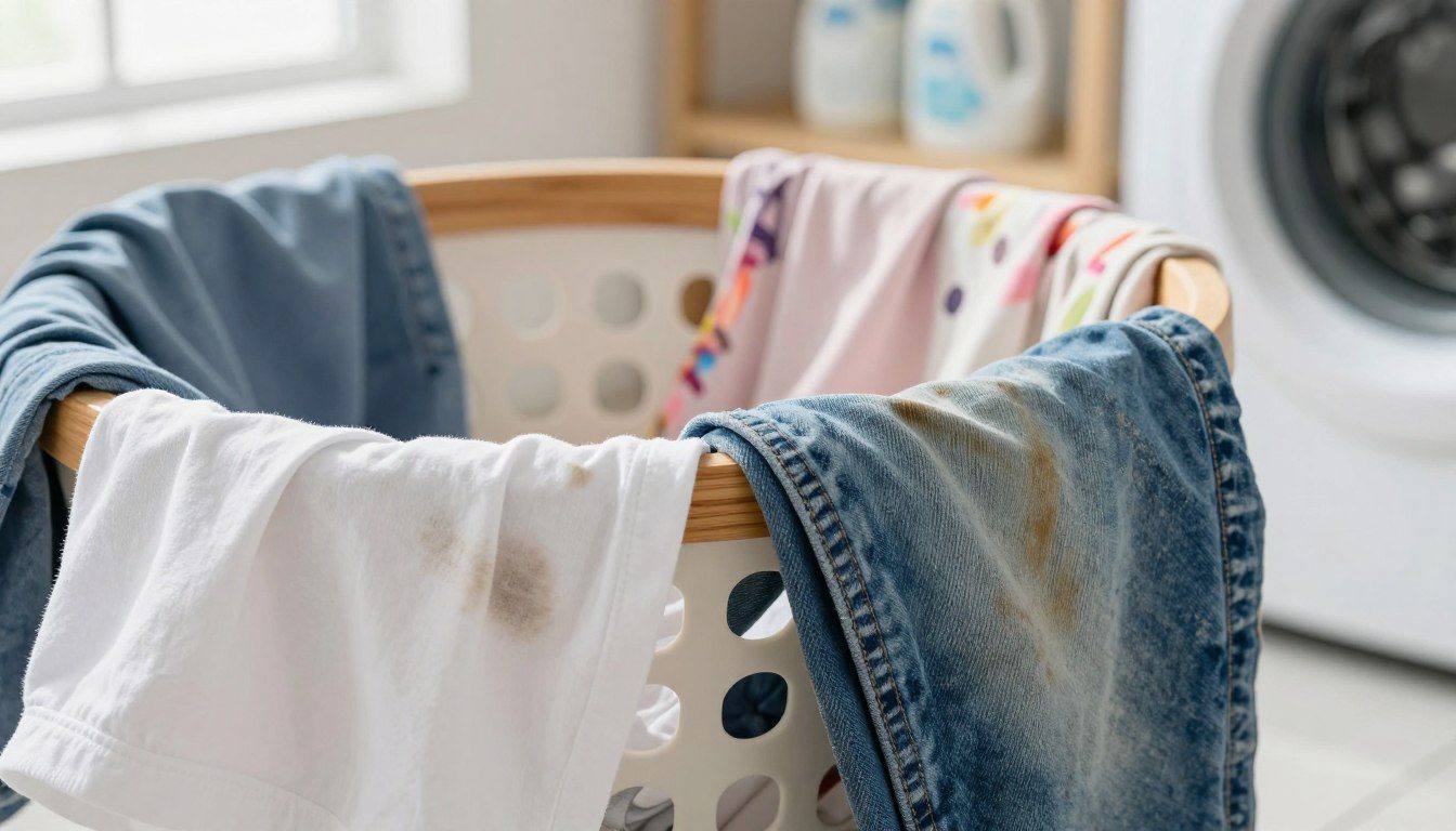 Roupas de diferentes tecidos com manchas claras, marcas escuras e resíduos visíveis depois da lavagem.