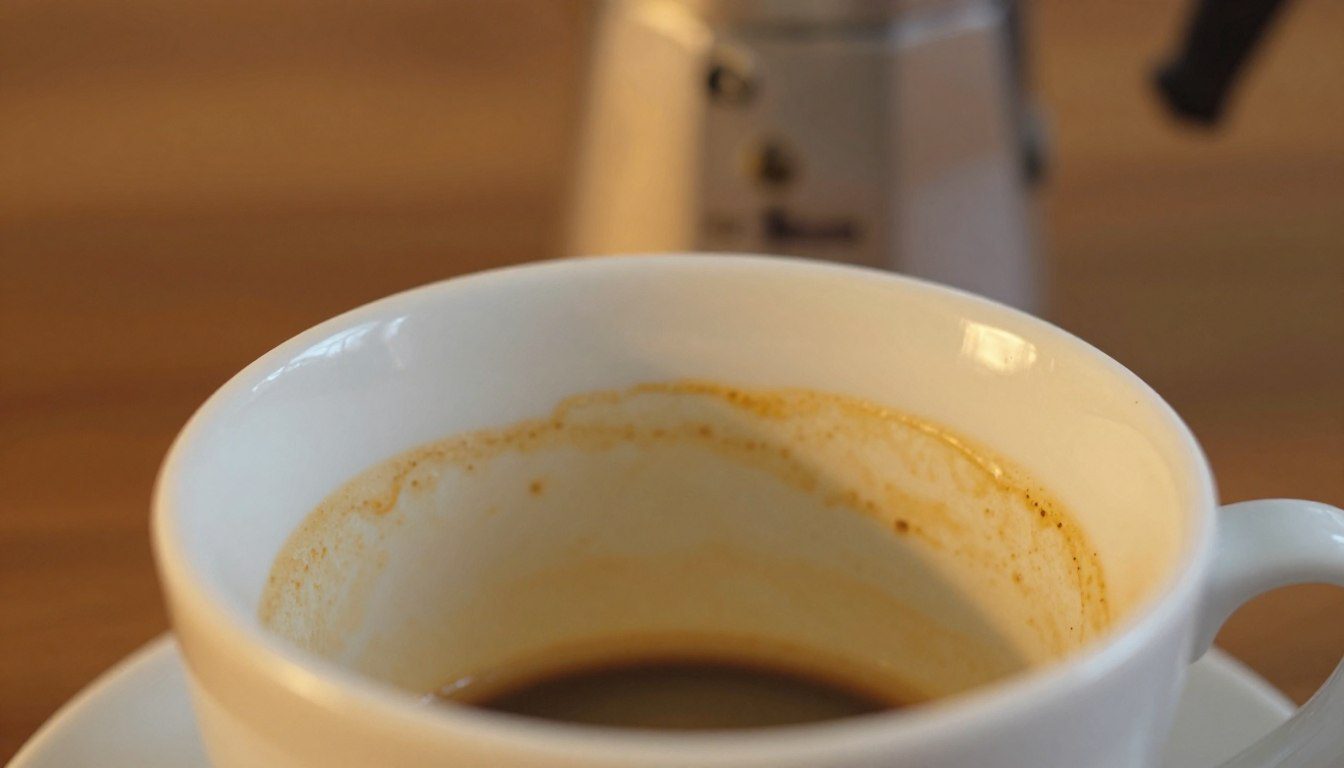 Xícara branca com manchas amareladas e resíduos de café acumulados na parte interna.