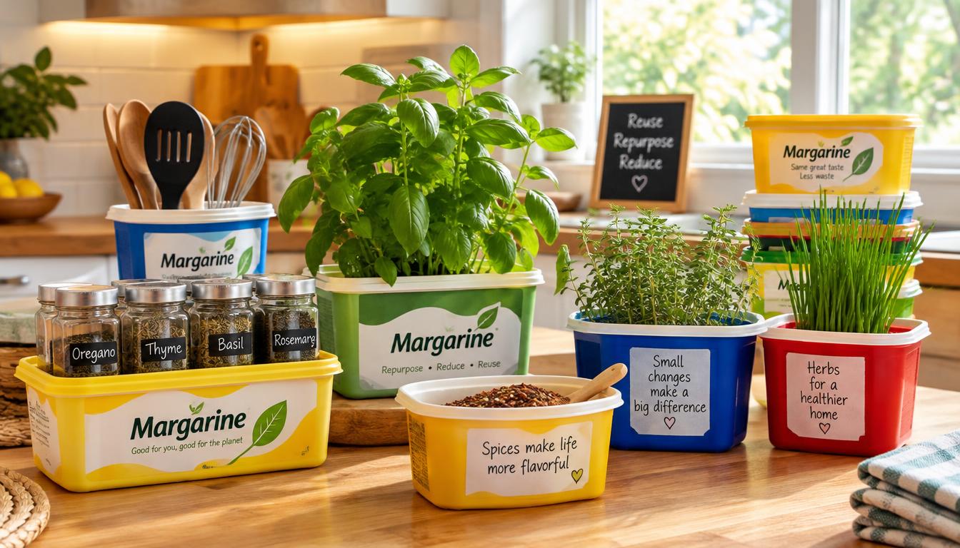 Quais cuidados ter ao reutilizar potes de margarina Potes de margarina reaproveitados para organizar pequenos itens e cultivar ervas em uma cozinha.