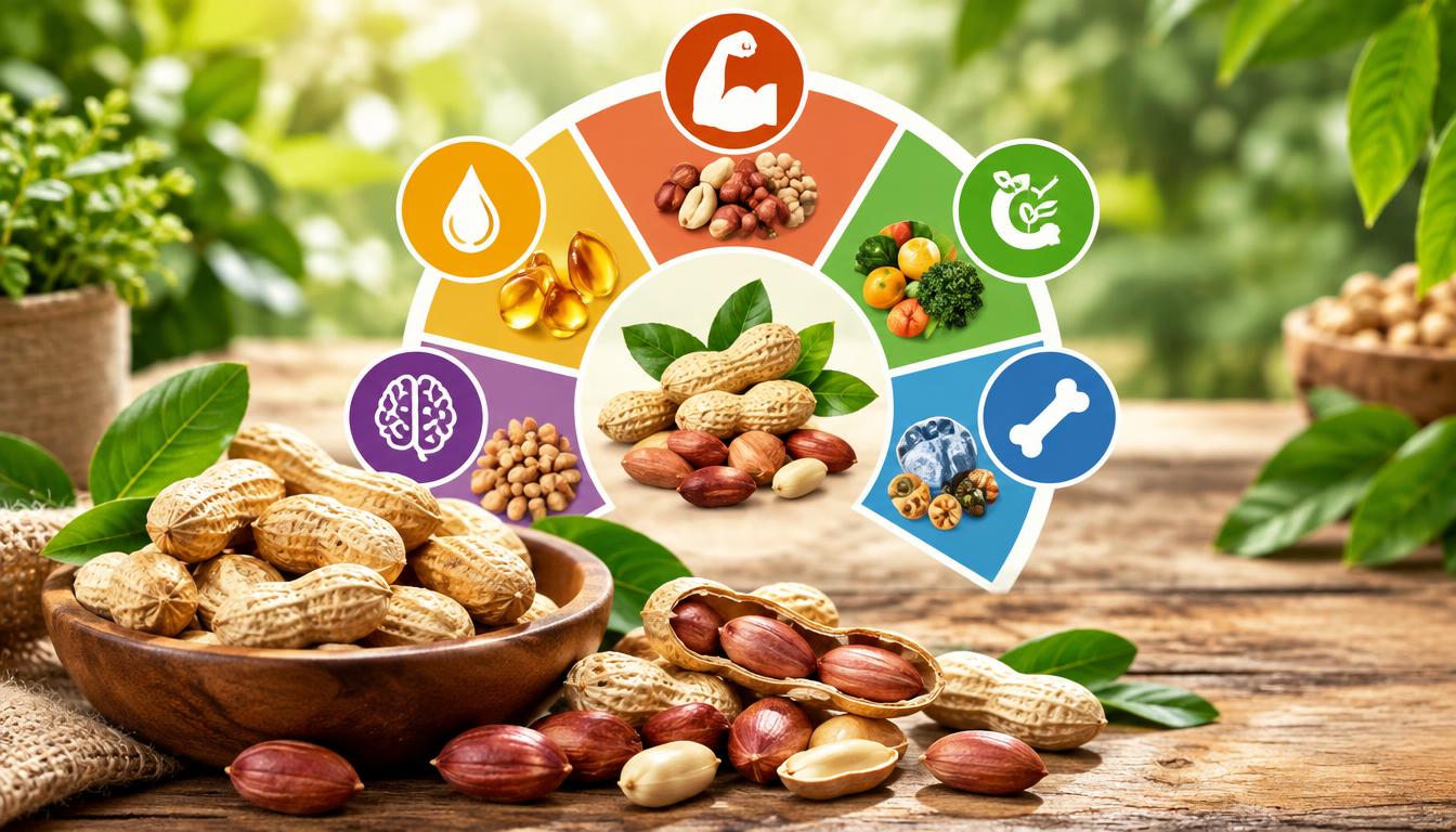 Amendoins com e sem casca acompanhados de elementos visuais representando proteínas, gorduras, vitaminas e minerais.
