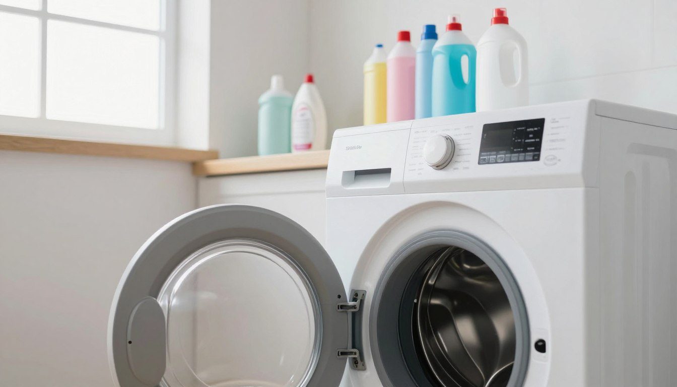Máquina de lavar aberta ao lado de diferentes produtos de limpeza organizados em uma lavanderia.