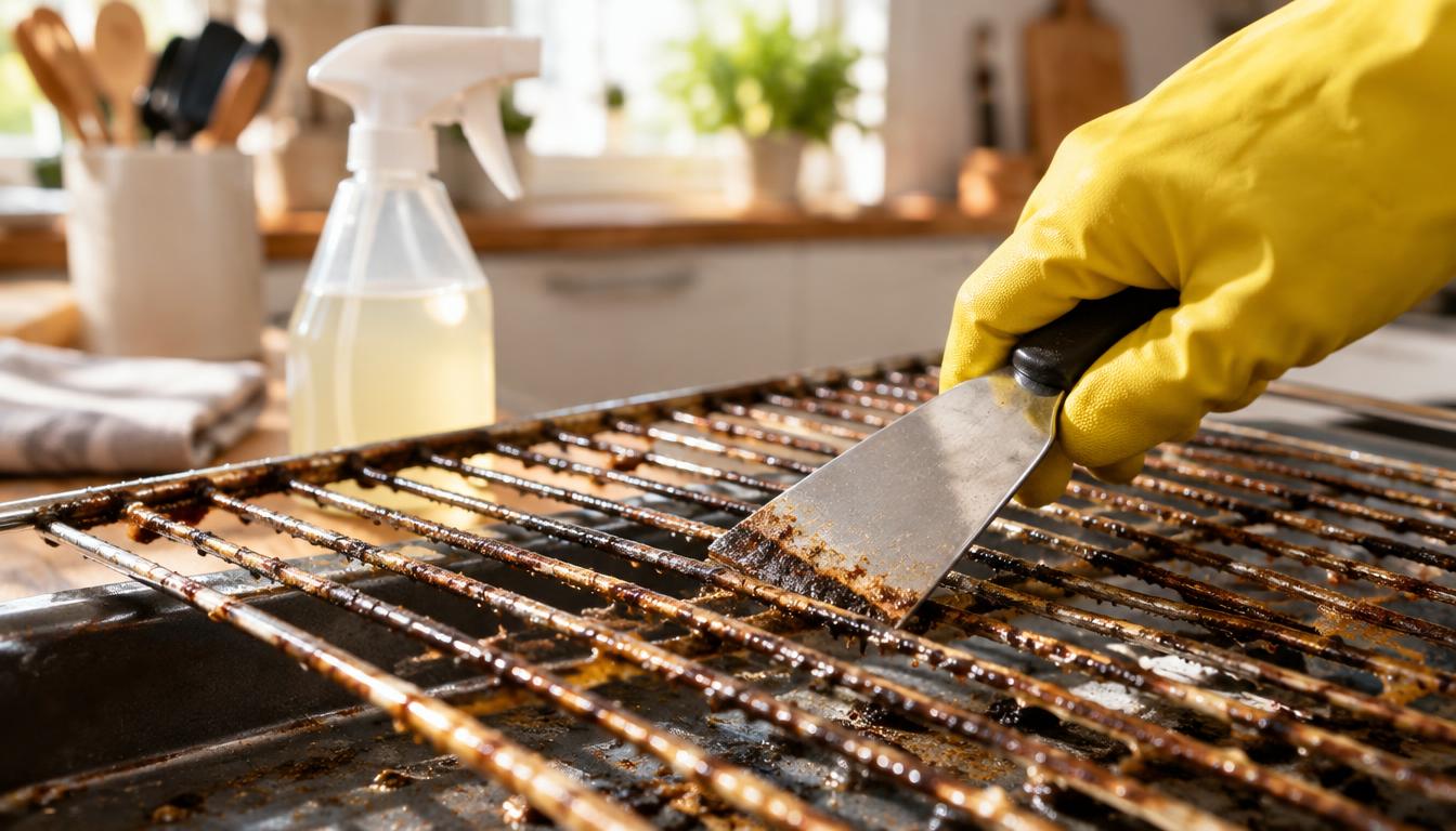Grade de forno com gordura acumulada sendo limpa com luva e utensílio para remover a sujeira.