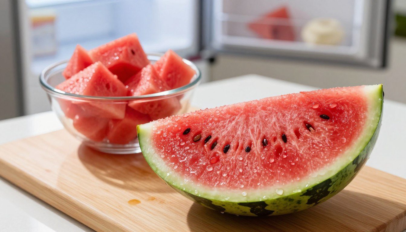 Melancia cortada e pedaços da fruta em recipiente de vidro próximos a uma geladeira aberta.