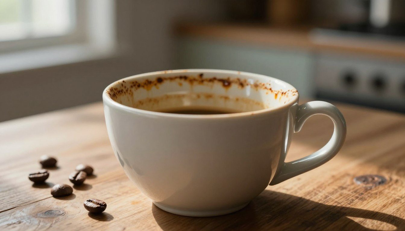 Xícara de cerâmica com manchas amareladas e marcas de café acumuladas na parte interna.
