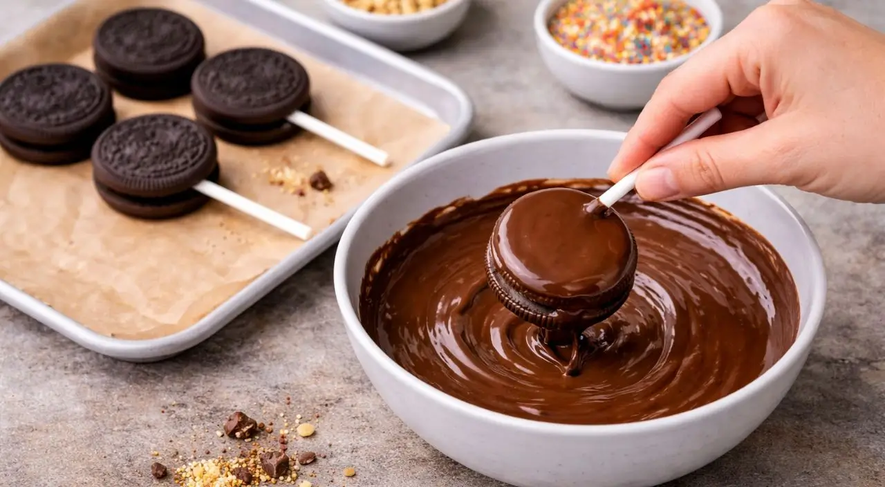 Pirulito de biscoito sendo mergulhado em chocolate sem lactose derretido