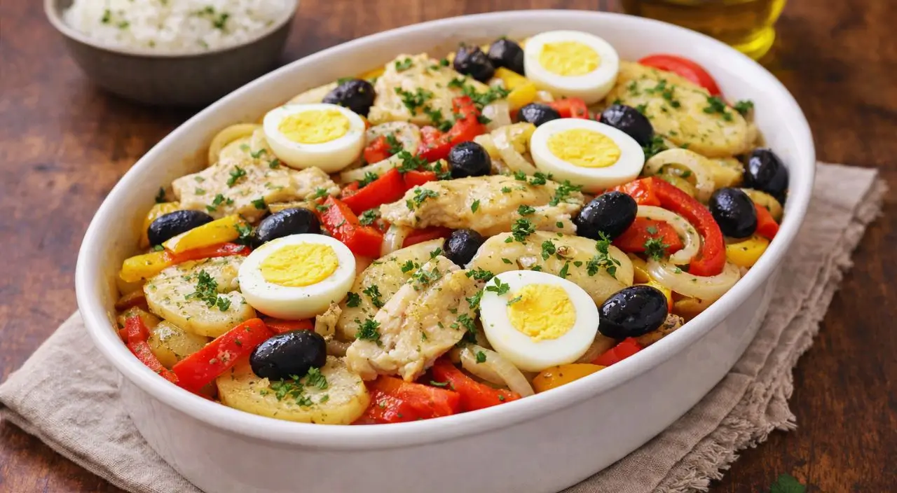 bacalhoada tradicional sem lactose com batatas e pimentões