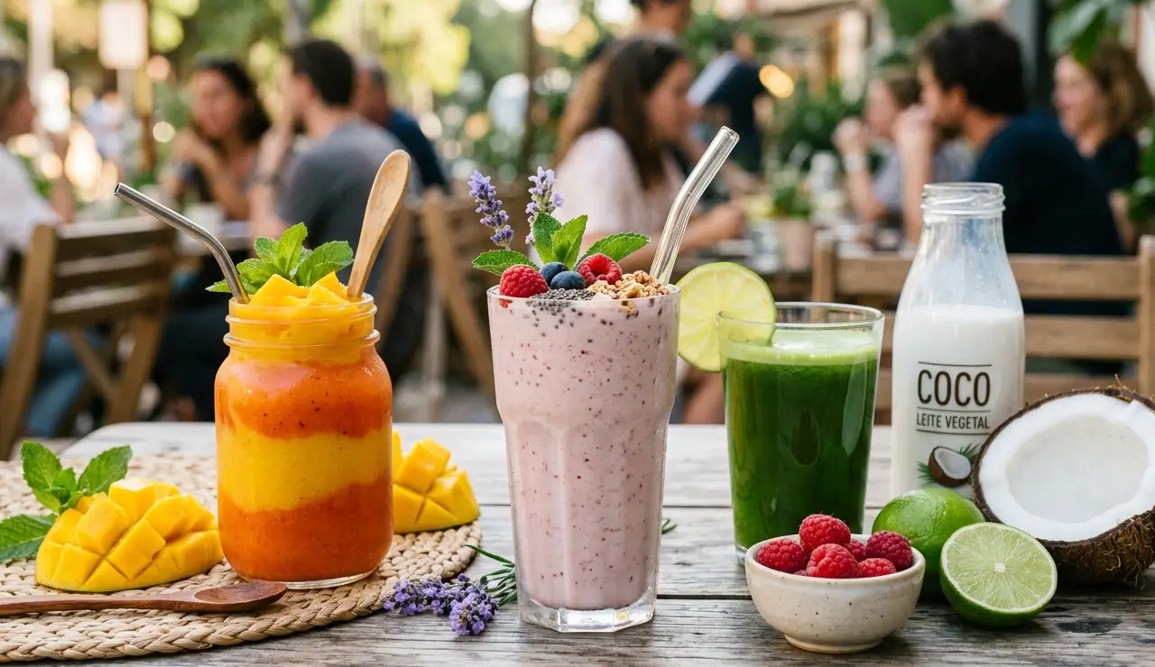 Copos com bebidas sem lactose como sucos naturais, vitaminas com leite vegetal e smoothies coloridos