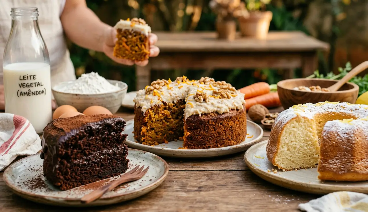 Bolos sem lactose fofos e caseiros, como bolo de chocolate e bolo simples preparados sem leite