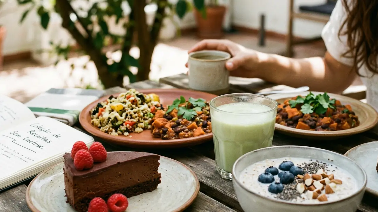 Variedade de pratos sem lactose organizados em coleção, incluindo sobremesas, bolos, bebidas e refeições
