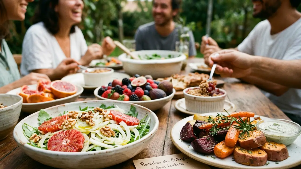 Pratos sem lactose preparados com ingredientes da estação como frutas frescas, legumes e receitas sazonais