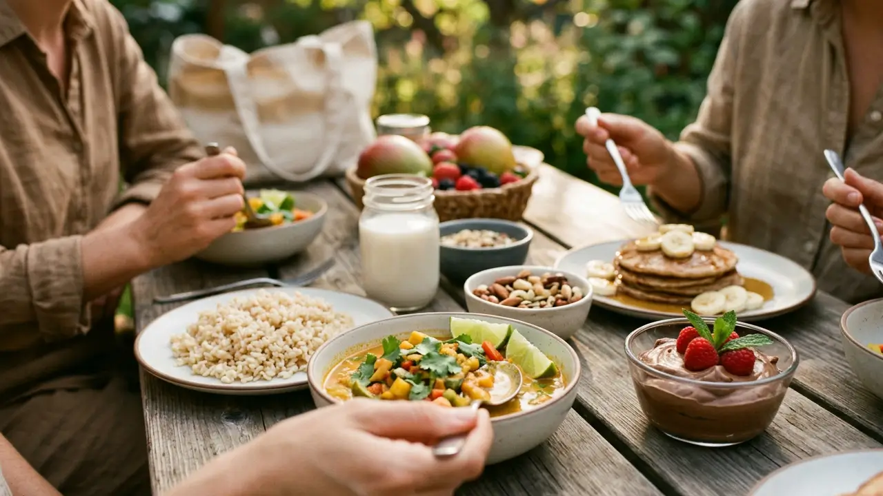 Pratos variados sem lactose preparados com ingredientes naturais e alternativas ao leite, como leites vegetais
